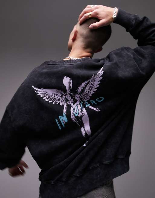Topman - Forvaskede sort oversized sweatshirt med Nirvana In Utero print på bryst og ryg