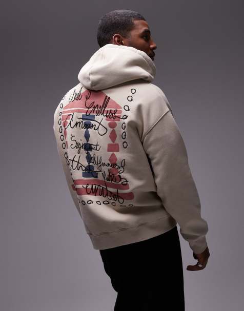 Topman - Forvasket beige oversized hættetrøje med broderi og blokprint af søjle på bryst og ryg - view 1