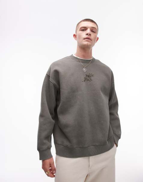 Topman - Forvasket kakigrøn sweatshirt med oversized pasform og blomsterbroderi - view 1