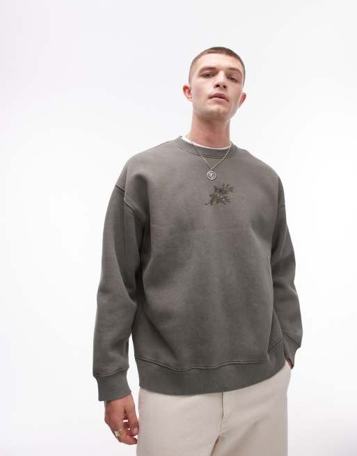 Topman - Forvasket kakigrøn sweatshirt med oversized pasform og blomsterbroderi