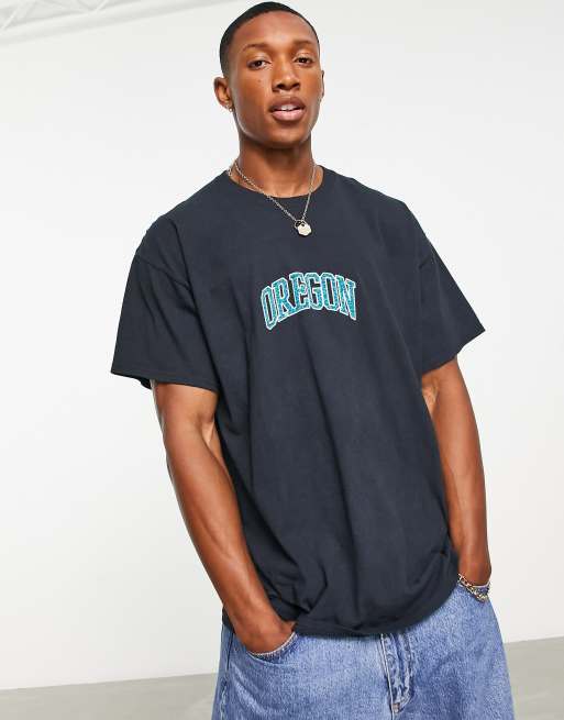 Topman - Forvasket sort oversized T-shirt med Oregon-print