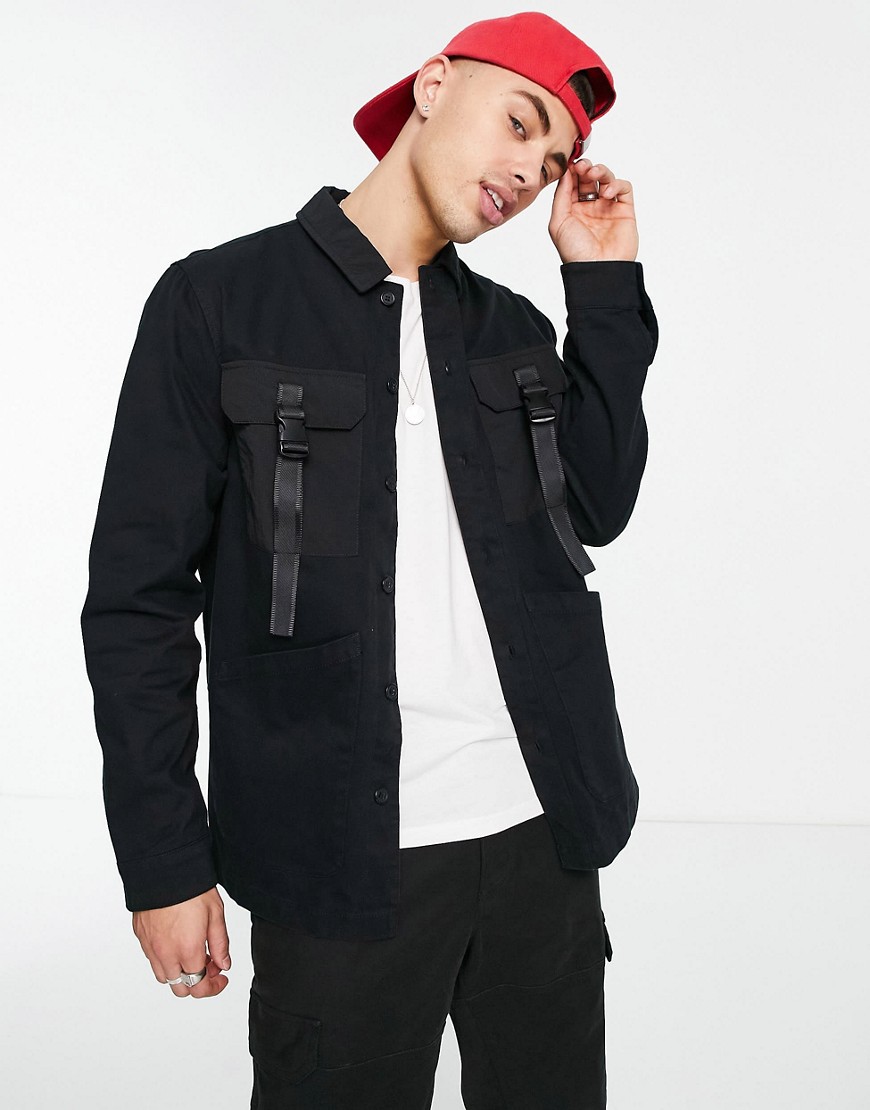 Topman four pocket overshirt in black with buckle detailing