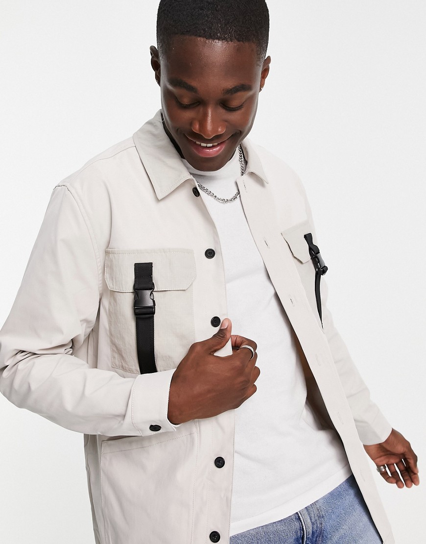 Topman four pocket overshirt in stone with buckle detailing-Neutral