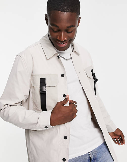Topman four pocket overshirt in stone with buckle detailing
