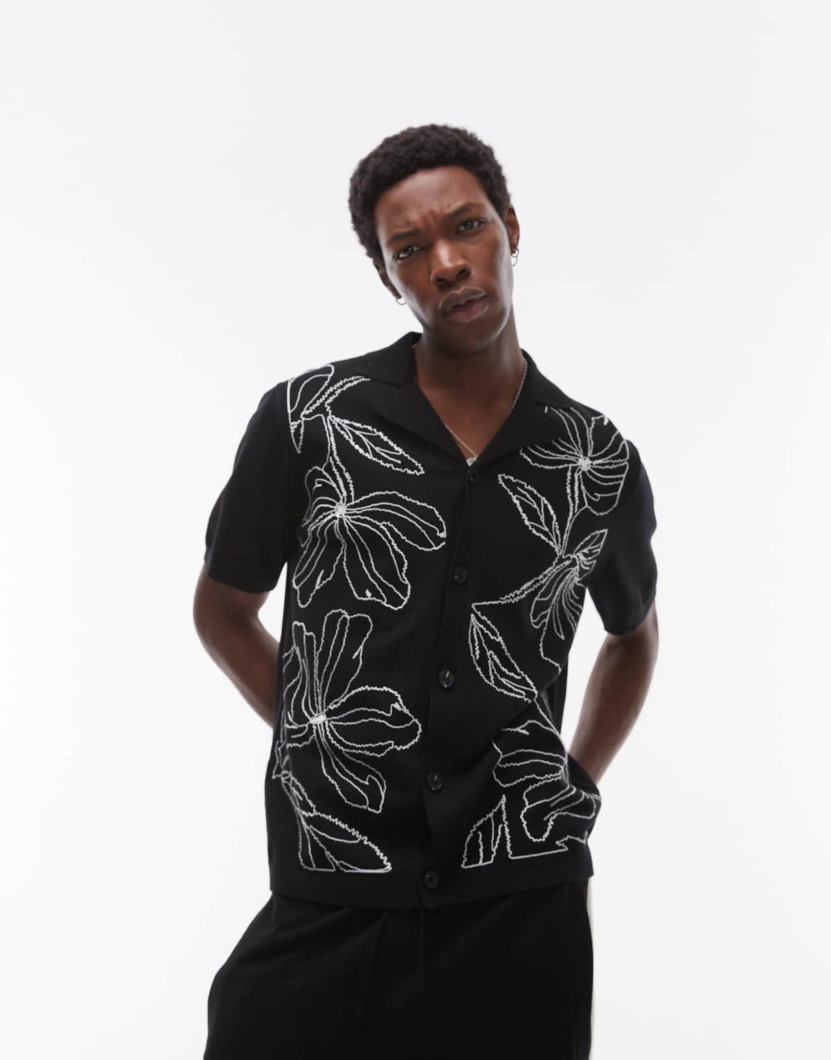 Topman front placement embroidered knitted shirt in black