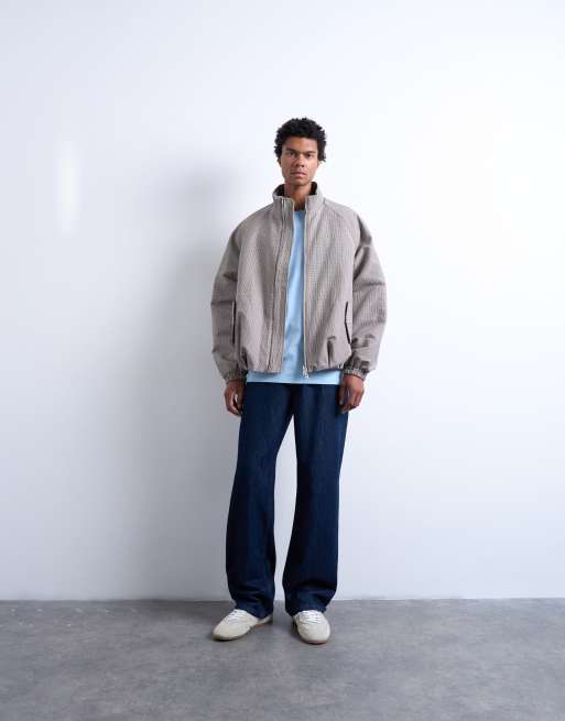 Topman funnel neck check track jacket in brown, 2 of 5