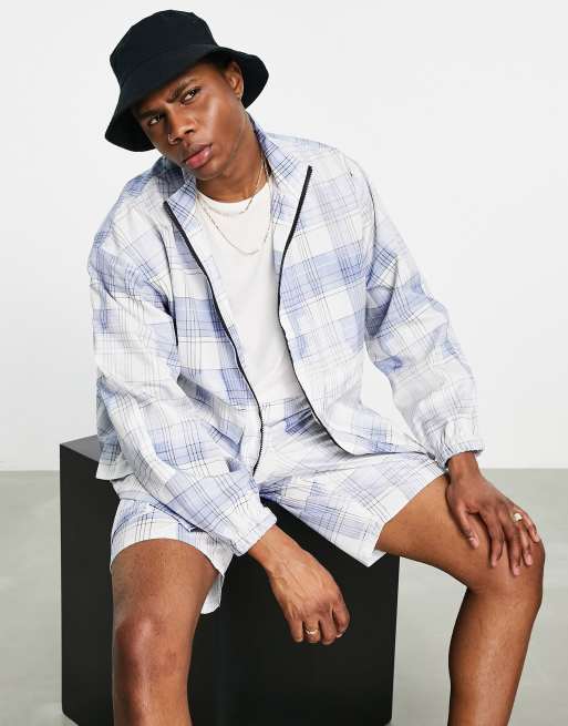 Topman funnel neck jacket with back embroidery in blue check co-ord