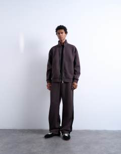 Model wearing Funnel neck zip through panel sweatshirt in brown