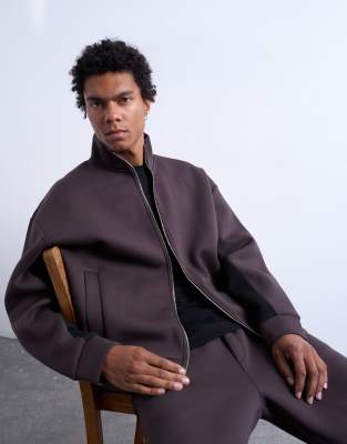 Topman Funnel Neck Zip Up Panel Sweatshirt In Brown