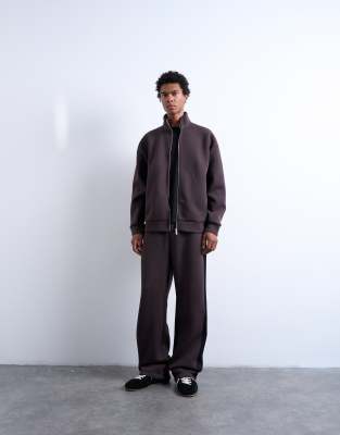 Topman Funnel Neck Zip Up Panel Sweatshirt In Brown