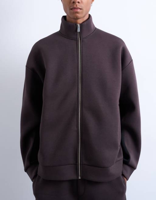 Topman funnel neck zip up panel sweatshirt in brown, 3 of 5