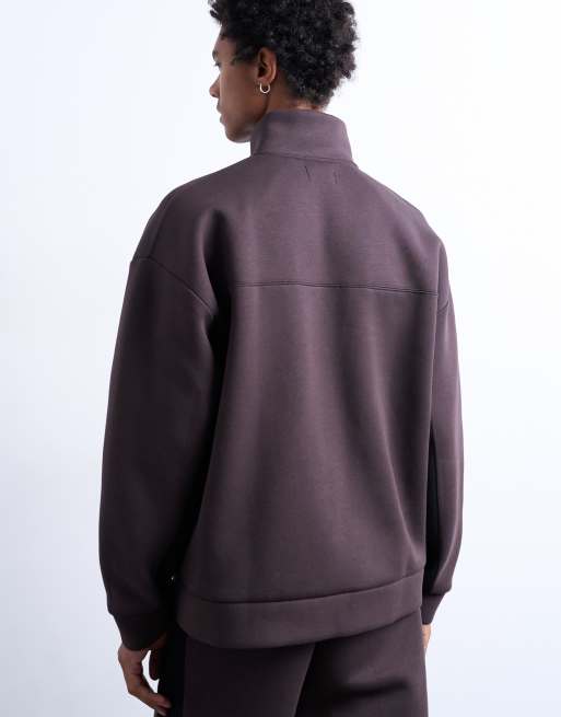Topman funnel neck zip up panel sweatshirt in brown, 5 of 5