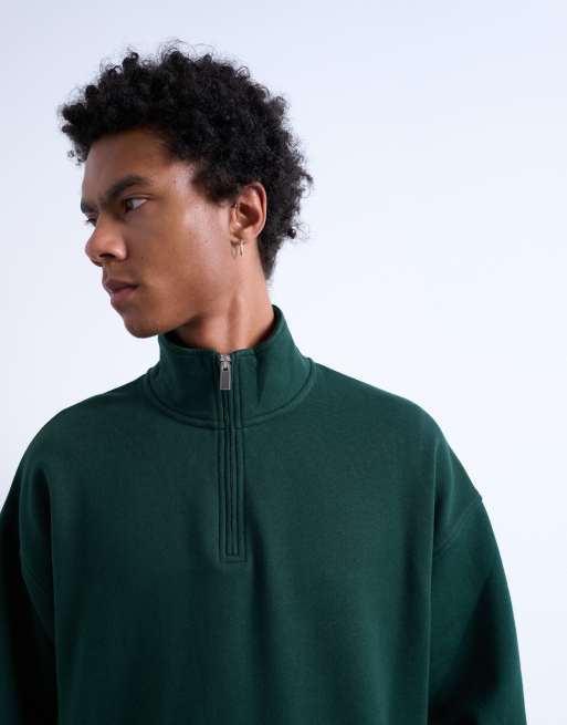 Topman - Fyrregrøn kraftig oversized trøje med 1/4 lynlås, 5 af 5