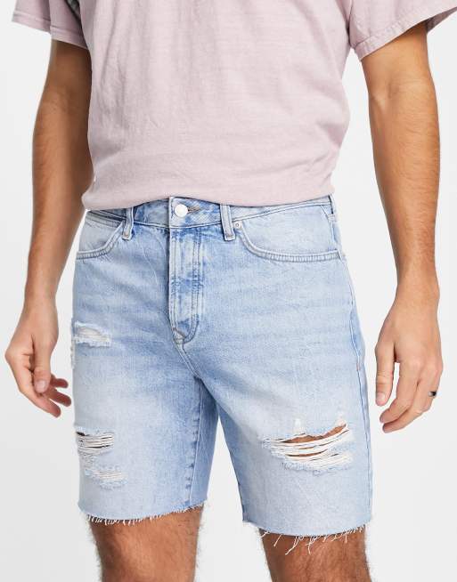 Topman – Gebleichte Jeansshorts mit schmalem Schnitt und Zierrissen