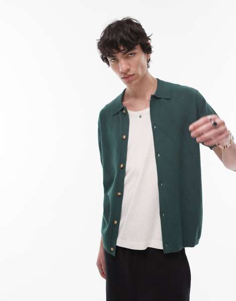 Topman - Gebreid overhemd met gehaakt patroon in groen - view 1