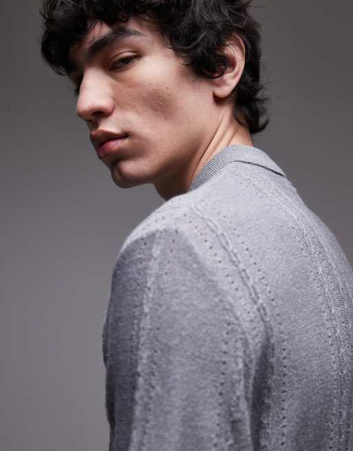 Topman - Gebreid poloshirt met korte mouwen, 1/4 rits en textuur in grijs, 4 van 4