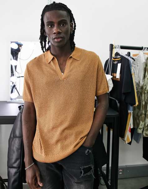 Topman - Gebreid poloshirt met reverskraag van mesh in lichtbruin - view 1