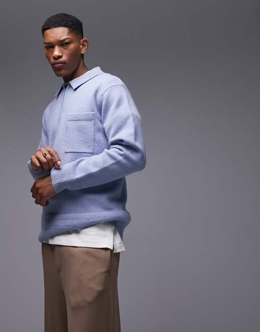 Topman - Gebreid poloshirt met rits in blauw
