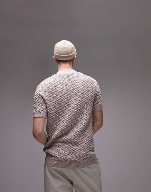 Topman - Gebreid T-shirt met geometrische print in lichtroze, 2 van 4