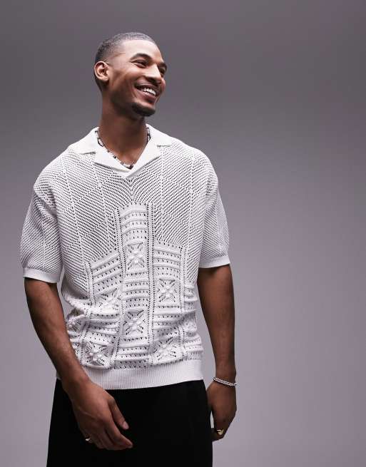 Topman - Gebreide gehaakte polo met patroon en reverskraag in wit