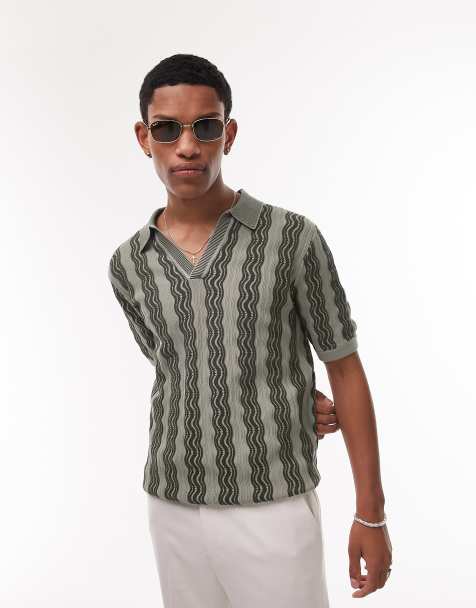 Topman - Gebreide polo met reverskraag en golvende print in groen - view 1