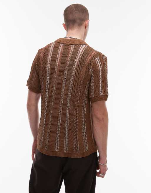 Topman - Gebreide polo van viscose met knoopsluiting en metallic strepen in bruin, 4 van 4