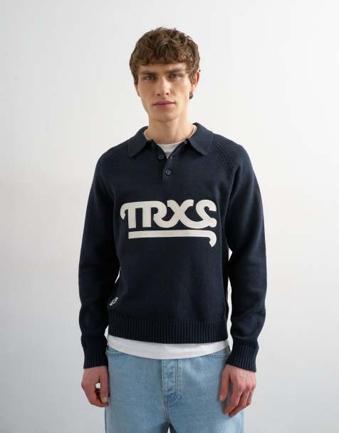 Topman - Gebreide rugbypolo met klassieke pasvorm en appliqué tekst in marineblauw - view 1