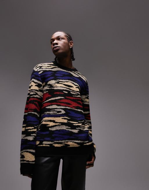Topman - Gebreide trui met abstracte print in zwart