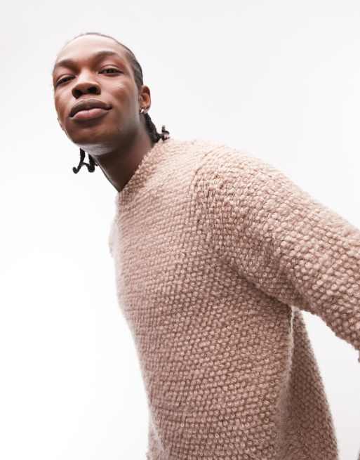 Topman - Gebreide trui met ronde hals en bouclé textuur in bruin