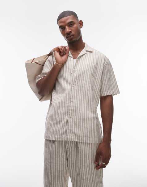 Topman - Gehaakt gestreept overhemd met korte mouwen in crème, deel van co-ord set - view 1