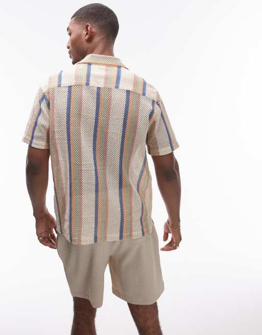 Topman - Gehaakt gestreept overhemd met korte mouwen in multi, 4 van 4