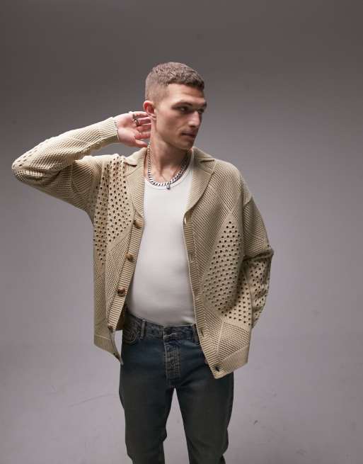 Topman – Gehäkelte Strickjacke in Steinbeige
