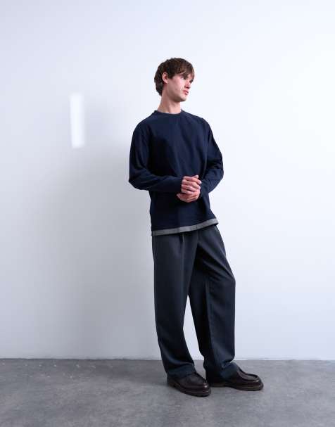 Topman - Gelaagd T-shirt van jersey met lange mouwen in marineblauw en grijs - view 1