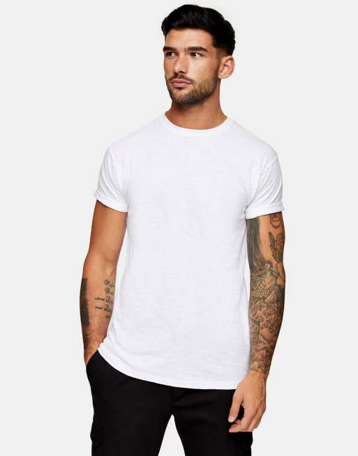 Topman – Genopptes T-Shirt mit Rollärmeln in Weiß
