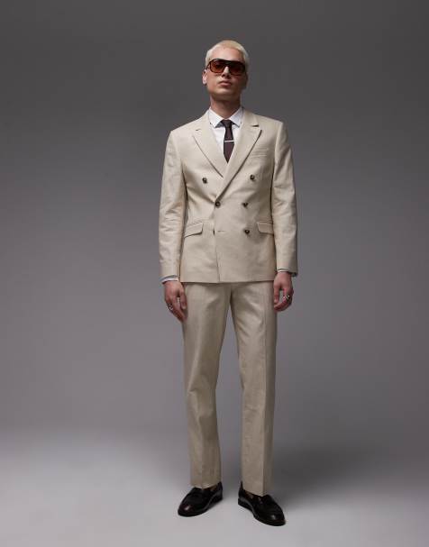 Topman – Gerade geschnittene Anzughose aus Leinenmix in Steinbeige - view 1