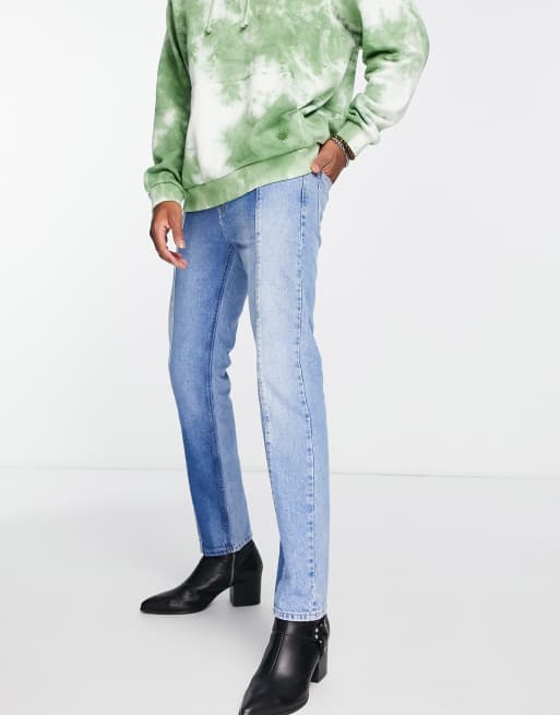 Topman – Gerade geschnittene Jeans in hellblauer Waschung mit Bahnen-Design