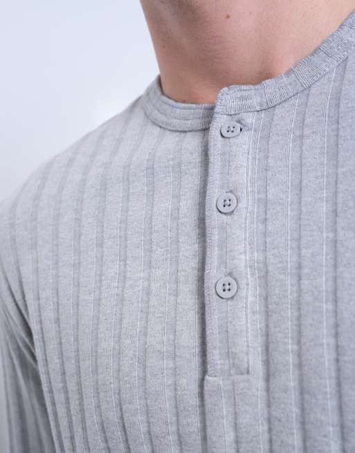 Topman - Geribbeld Henley T-shirt met lange mouwen in grijs, 2 van 5