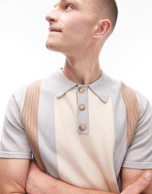 Topman - Geribbelde polo met korte mouwen in stone