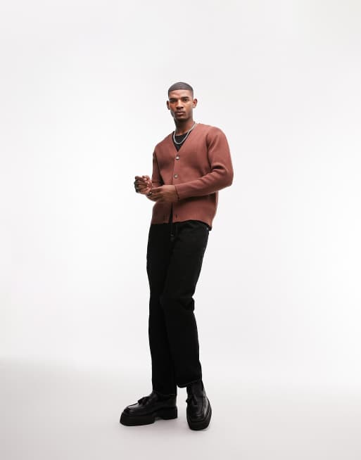 Topman – Gerippte Strickjacke in Braun