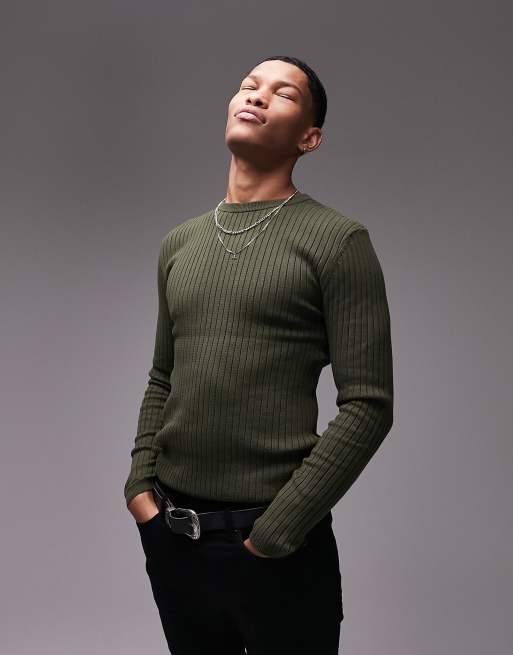 Topman – Gerippter Strickpullover in Khaki mit Rundhalsausschnitt