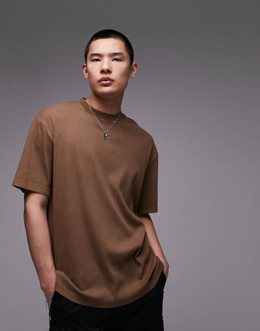 Topman – Geripptes Oversize-T-Shirt in verwaschenem Braun