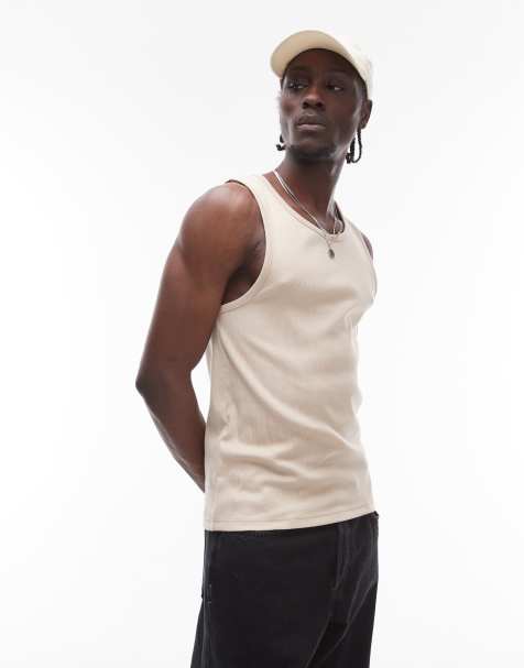 Topman – Geripptes Trägershirt in Steinbeige - view 1