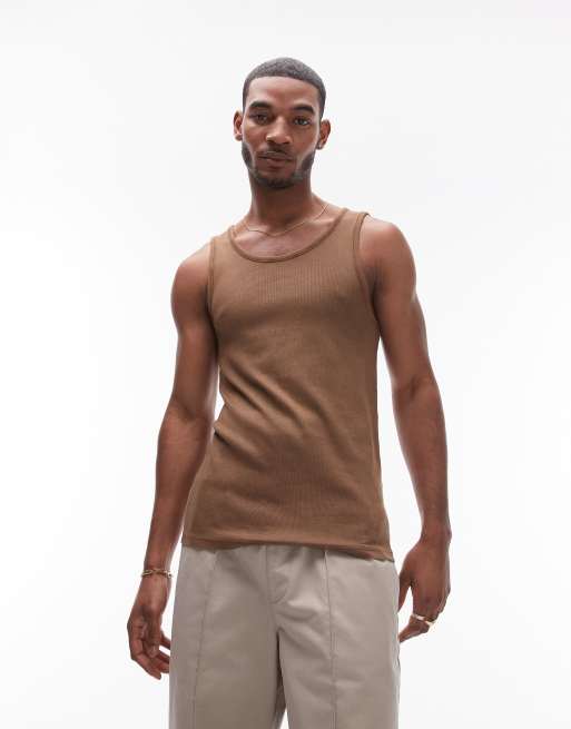 Topman – Geripptes Trägershirt in verwaschenem Braun