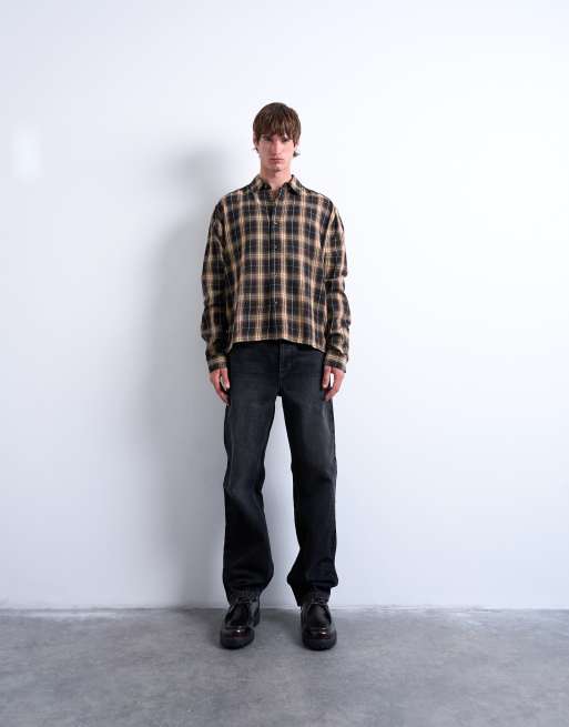 Topman - Geruit cropped flanellen overhemd met ruimvallende pasvorm in bruin, 2 van 5