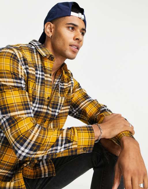 Topman - Geruit overhemd in mosterdgeel en marineblauw 