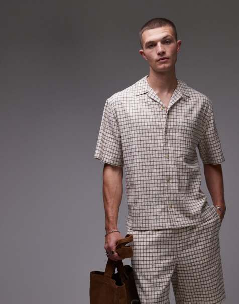 Topman - Geruit overhemd van halfzware stof met korte mouwen in beige - view 1