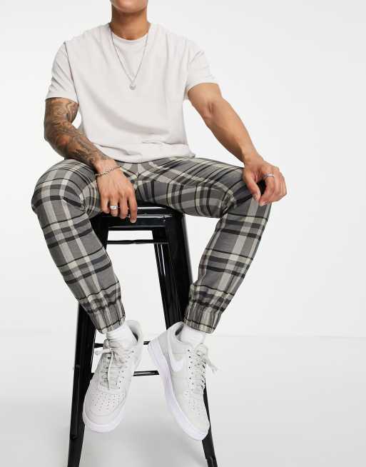 Topman - Geruite skinny joggingbroek met ritsdetail in stone