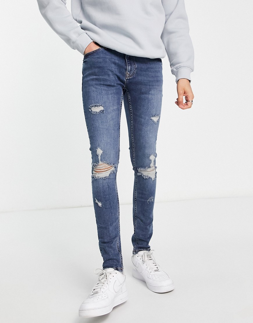Topman - Gescheurde, superstrakke spray-on jeans met medium wassing-Blauw