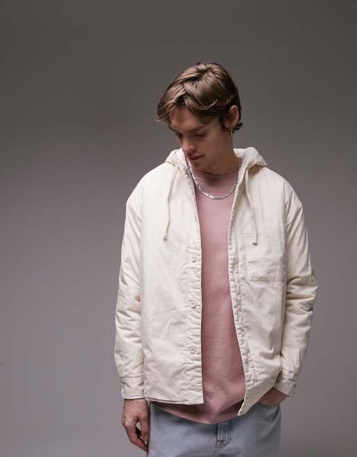 Topman – Gesteppte Hemdjacke in Cremeweiß mit Kapuze
