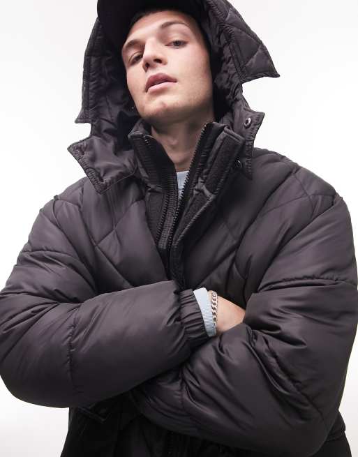 Topman – Gesteppter Oversize-Parka in Schwarz mit abnehmbarer